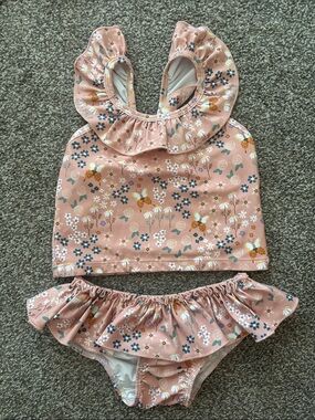 Girls Pink Floral Ruffle Tankini Swim Set